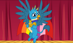 Size: 5904x3488 | Tagged: safe, artist:cloudyglow, artist:disneymarvel96, artist:moonwhisperderpy, gallus, griffon, brooch, cape, clasp, clothes, male, pride, rainbow, stage, the explosion in a rainbow factory