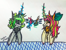 Size: 2148x1629 | Tagged: safe, artist:captainofhopes, oc, oc:schiller rush, pony, unicorn, alcohol, beer, blushing, bow, cheers, eyes closed, female, glass, long horn, magic, mare, signature, simple background, table, telekinesis, toasting, traditional art, white background, wine, wine glass