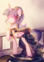 Size: 2480x3508 | Tagged: safe, artist:tingsan, twilight sparkle, twilight sparkle (alicorn), alicorn, pony, alternate hairstyle, balcony, black dress, clothes, cute, dress, elegant, fancy, gala dress, jewelry, pearl, smiling, twiabetes