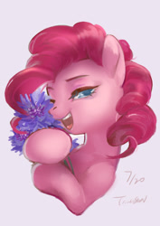 Size: 1736x2456 | Tagged: safe, artist:tingsan, derpibooru import, pinkie pie, earth pony, pony, blue eyes, bust, colored pupils, female, flower, gray background, one eye closed, open mouth, portrait, simple background, smiling, solo