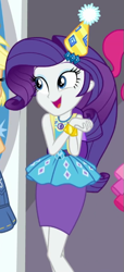 Size: 295x646 | Tagged: safe, screencap, applejack, pinkie pie, rarity, better together, equestria girls, fomo, bracelet, clothes, cropped, cute, dress, female, geode of shielding, happy, hat, jewelry, magical geodes, offscreen character, party hat, pencil skirt, rarara, raribetes, solo focus