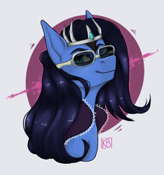 Size: 1643x1755 | Tagged: safe, oc, oc only, earth pony, pony, blue skin, bust, commission, crown, jewelry, long hair, portrait, regalia, smiling, solo, sunglasses