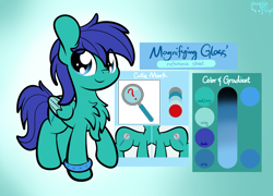 Size: 2500x1800 | Tagged: safe, artist:kimjoman, oc, oc only, oc:magnifying glass, pegasus, pony, bracelet, chest fluff, colt, commission, cutie mark, jewelry, male, reference sheet, smiling, solo