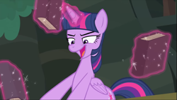 Size: 1367x769 | Tagged: safe, screencap, twilight sparkle, twilight sparkle (alicorn), alicorn, better together, equestria girls, forgotten friendship, book, cropped, glowing horn, levitation, lidded eyes, magic, narrowed eyes, open mouth, solo, telekinesis