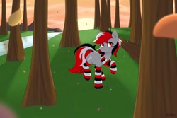 Size: 2048x1365 | Tagged: safe, artist:ev04kaa, oc, oc only, oc:rifey, earth pony, pony, blushing, clothes, leaves, scarf, socks, solo, striped socks, sun, tree