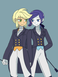 Size: 2448x3264 | Tagged: safe, artist:haibaratomoe, applejack, rarity, equestria girls, clothes, cute, elegant, female, jackabetes, jockey, lesbian, raribetes, rarijack, shipping