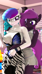 Size: 1080x1920 | Tagged: safe, artist:anthroponiessfm, oc, oc only, oc:aurora starling, oc:kimberly, anthro, goo pony, original species, 3d, anthro oc, blushing, braid, clothes, curious, cute, female, glasses, heterochromia, hug, looking at each other, source filmmaker