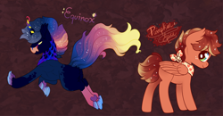 Size: 2300x1200 | Tagged: safe, artist:loryska, oc, oc:equinox, oc:pumpkin spice, hybrid, pegasus, pony, ethereal mane, female, magical gay spawn, magical lesbian spawn, mare, neckerchief, offspring, parent:big macintosh, parent:cosmos, parent:donut joe, parent:princess luna, parents:cosluna, parents:donutmac, starry mane