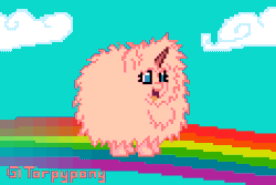 Size: 472x316 | Tagged: safe, artist:torpy-ponius, oc, oc only, oc:fluffle puff, pony, dancing in the clouds, animated, blue sky, cloud, dancing, fanart, fluffy, gif, pink, pink fluffy unicorns dancing on rainbows, pixel animation, pixel art, pony town, rainbow, sky
