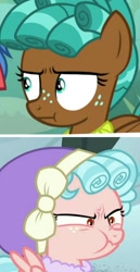 Size: 831x1612 | Tagged: safe, screencap, cozy glow, spur, pegasus, pony, frenemies (episode), growing up is hard to do, comparison, cozy glow is best facemaker, cozy glow is not amused, cozybetes, cropped, cute, foal, scrunch battle, scrunchy face, similarities