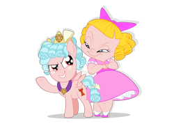 Size: 1936x1400 | Tagged: safe, artist:squipycheetah, cozy glow, human, pegasus, pony, school raze, adorabolical, bow, cats don't dance, clothes, cozybetes, crossover, crown, cute, darla dimple, dress, duo, evil, evil grin, eye contact, female, filly, freckles, grin, hair bow, happy, jewelry, looking at each other, looking back, raised hoof, regalia, simple background, slasher smile, smiling, spread wings, transparent background, watermark, wings