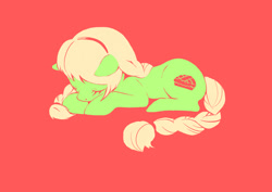 Size: 1200x849 | Tagged: dead source, safe, artist:猫可可, granny smith, earth pony, pony, adorasmith, braid, braided tail, cute, eyes closed, female, lying down, mare, pixiv, prone, red background, simple background, sleeping, solo, young granny smith, younger