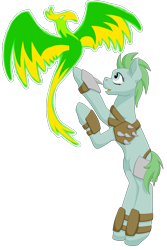 Size: 1333x2000 | Tagged: safe, artist:glacierfrostclaw, oc, oc:blaze, oc:dodo, balefire phoenix, earth pony, phoenix, pony, fallout equestria, armor, fanfic, fanfic art, female, flying, hooves, mare, open mouth, raider, simple background, solo, standing up, transparent background