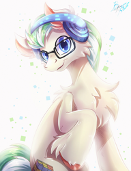 Size: 2300x3000 | Tagged: safe, artist:alexbluebird, oc, oc only, oc:enigma, earth pony, pony, chest fluff, glasses, headphones, hoof fluff, looking at you, male, smiling, solo, stallion