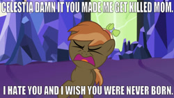 Size: 640x361 | Tagged: safe, edit, edited screencap, editor:undeadponysoldier, screencap, button mash, earth pony, pony, angry, beanie, button's hat, caption, castle, colt, engrish, eyes closed, gamer gets trolled, hat, image macro, implied cream heart, implied death, male, open mouth, rage, rage quit, reference, saying celestia's name in vane, smosh, text, vulgar, yelling