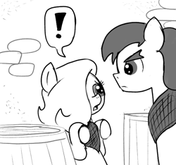 Size: 640x600 | Tagged: safe, artist:ficficponyfic, oc, oc only, oc:emerald jewel, oc:giles pecan, pony, alley, alleyway, bandana, barrel, box, colt, colt quest, cyoa, exclamation point, femboy, frown, imminent sex, male, monochrome, nervous, story included, sweat, this will in end in sex, unhappy