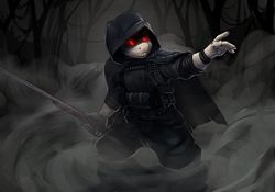 Size: 4000x2800 | Tagged: safe, artist:atryl, oc, oc:lancer, anthro, crossover, glowing eyes, gun, hunt showdown, solo, weapon