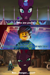 Size: 682x1024 | Tagged: safe, artist:negaboss2000, edit, edited screencap, screencap, grubber, tempest shadow, pony, my little pony: the movie, caption, crossover, image macro, lego, rex dangervest, spoilers for another series, text, the lego movie, the lego movie 2: the second part