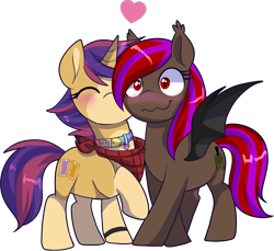 Size: 1855x1701 | Tagged: safe, artist:xwhitedreamsx, oc, oc only, bat pony, pony, unicorn, female, heart, kissing, mare, simple background, transparent background