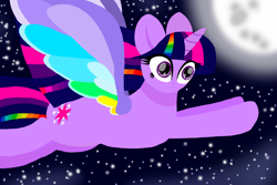 Size: 1500x1000 | Tagged: safe, artist:katya, twilight sparkle, twilight sparkle (alicorn), alicorn, pony, rainbow roadtrip, colored wings, moon, multicolored wings, night, rainbow wings, stars, wing bling, wings