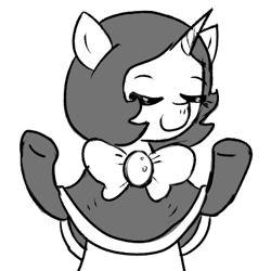 Size: 400x400 | Tagged: safe, artist:ficficponyfic, oc, oc:joyride, unicorn, bowtie, caption, clothes, colt quest, exploitable, eyes closed, female, horn, image macro, leggings, mantle, mare, monochrome, reaction, reaction image, shrug, smiling, smug, solo, text