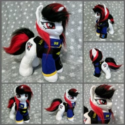 Size: 2000x2000 | Tagged: safe, artist:burgunzik, oc, oc:blackjack, pony, unicorn, fallout equestria, fallout equestria: project horizons, clothes, fanfic, fanfic art, female, hooves, horn, irl, mare, photo, pipbuck, plushie, smiling, solo, vault suit