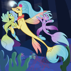 Size: 1280x1280 | Tagged: safe, artist:chelseawest, princess skystar, oc, oc:coral, oc:seastar, seapony (g4), my little pony: the movie, female, grandmother and grandchild, male, offspring, older, underwater