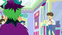 Size: 1920x1080 | Tagged: safe, screencap, curly winds, juniper montage, some blue guy, sophisticata, wiz kid, equestria girls, mirror magic, spoiler:eqg specials, background human, canterlot mall, clothes, female, juniper monstar, male, pants, scared