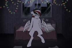 Size: 3000x2000 | Tagged: safe, artist:wacky-skiff, oc, oc only, pony, bed, christmas, christmas lights, holiday, night, paper, photo, pillow, solo, tired, waking up