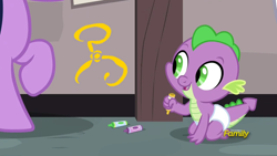 Size: 1920x1080 | Tagged: safe, edit, edited screencap, screencap, spike, twilight sparkle, dragon, sparkle's seven, baby, baby dragon, baby spike, crayon, crayon drawing, cthulhu mythos, cute, daaaaaaaaaaaw, diaper, discovery family logo, happy, innocent, offscreen character, smiling, spikabetes, the yellow sign, traditional art