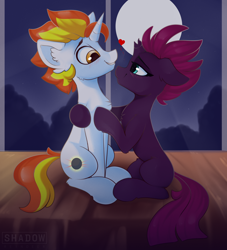 Size: 2362x2598 | Tagged: safe, artist:php97, tempest shadow, oc, pony, unicorn, blushing, broken horn, canon x oc, horn, night