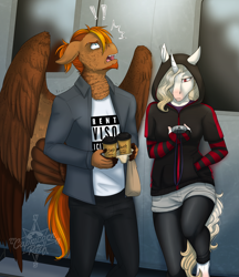 Size: 2853x3304 | Tagged: safe, artist:askbubblelee, oc, oc:cross stitch, oc:singe, anthro, pegasus, unicorn, albino, anthro oc, clothes, cup, female, hoodie, looking up, male, stallion, story in the source