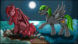 Size: 1920x1080 | Tagged: safe, artist:stormblaze-pegasus, oc, oc only, oc:contralto, oc:forest rain, bat pony, pony, bat pony oc, full moon, moon, night, open mouth, race swap, raised hoof, sitting, youtube thumbnail