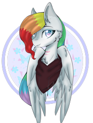 Size: 1536x2048 | Tagged: safe, artist:littlesmolartist, oc, oc:rainbow paws, pegasus, pony, bust, clothes, female, head shot, hoodie, looking at you, rainbow hair, scar, simple background, transparent background