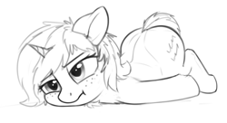 Size: 3166x1720 | Tagged: safe, artist:zippysqrl, oc, oc only, oc:sign, pony, unicorn, :t, bored, female, flop, floppy ears, freckles, grayscale, laying on stomach, monochrome, prone, sketch, solo, squishy cheeks
