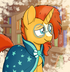 Size: 1150x1200 | Tagged: safe, artist:litrojia, sunburst, pony, unicorn, book, bookshelf, clothes, facial hair, glasses, goatee, library, male, robe, smiling, solo, stallion