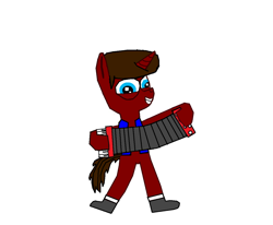 Size: 960x792 | Tagged: safe, oc, oc only, oc:flare gun, pony, unicorn, accordion, bipedal, clothes, looking at you, musical instrument, polka, shoes, simple background, smiling, solo, vest, white background