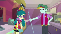 Size: 1920x1080 | Tagged: safe, screencap, brim marco, juniper montage, equestria girls, mirror magic, spoiler:eqg specials, angry, broom, cash register, clothes, cup, female, glasses, hat, male, mirror, pants, pigtails, skirt