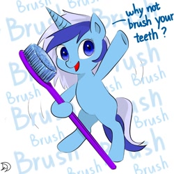 Size: 960x960 | Tagged: safe, artist:upperthemoon, minuette, pony, unicorn, cute, dialogue, female, hoof hold, mare, minubetes, missing cutie mark, open mouth, simple background, solo, toothbrush, white background