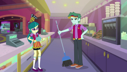 Size: 1906x1080 | Tagged: safe, screencap, brim marco, juniper montage, equestria girls, mirror magic, spoiler:eqg specials, broom, cash register, clothes, cup, female, glasses, hat, legs, male, pants, shoes