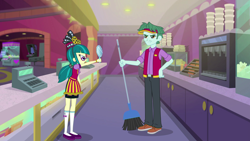 Size: 1920x1080 | Tagged: safe, screencap, brim marco, juniper montage, equestria girls, mirror magic, spoiler:eqg specials, broom, cash register, clothes, cup, female, glasses, hat, legs, male, pants, shoes