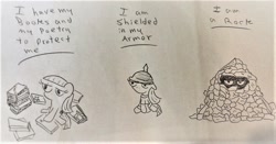 Size: 1270x663 | Tagged: safe, artist:dex stewart, maud pie, earth pony, pony, book, boulder, i am a rock, monochrome, pickelhaube, pile, simon and garfunkel, solo, song reference, traditional art