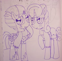 Size: 2992x2942 | Tagged: safe, artist:徐詩珮, idw, fizzlepop berrytwist, glitter drops, tempest shadow, pony, unicorn, my little pony: the movie, spoiler:comic, spoiler:comic67, spoiler:comic68, armor, blushing, broken horn, clothes, female, glittershadow, horn, lesbian, lineart, mare, saddle bag, scarf, shipping, traditional art