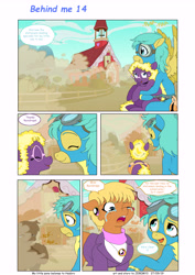 Size: 6197x8760 | Tagged: safe, artist:jeremy3, ms. harshwhinny, sunshower raindrops, oc, oc:valentine, earth pony, pegasus, pony, comic:behind me, alternate universe, clothes, comic, dust cloud, playground, ponyville, ponyville schoolhouse, saddle bag, swing, teary eyes, uniform, wonderbolts, wonderbolts uniform