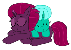 Size: 1298x916 | Tagged: safe, artist:徐詩珮, fizzlepop berrytwist, glitter drops, tempest shadow, unicorn, my little pony: the movie, broken horn, cute, female, glitterbetes, glittershadow, horn, lesbian, lying on top of someone, mare, shipping, simple background, sleeping, tempestbetes, transparent background