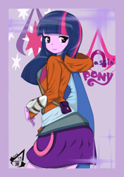 Size: 739x1052 | Tagged: safe, alternate version, artist:holo, twilight sparkle, equestria girls, assassin's creed, clothes, crossover, cute, cutie mark, female, hood, hoodie, miniskirt, pixiv, satchel, skirt, solo, twiabetes