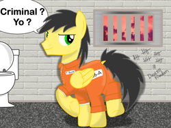 Size: 2048x1536 | Tagged: safe, artist:thunder burst, oc, oc:thunder burst, pegasus, pony, clothes, jail, prison, prison outfit, prisoner, solo, spanish