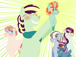 Size: 2048x1536 | Tagged: safe, artist:kindheart525, artist:peep-dis, oc, oc:bel canto, oc:cursive quill, oc:falsetto fallout, oc:holly-hay carol, oc:oleander, oc:pristine melody, earth pony, pegasus, pony, unicorn, baby, baby pony, female, holding a pony, kindverse, magical lesbian spawn, male, mother and child, mother and son, oc x oc, offspring, offspring shipping, offspring's offspring, parent and child, parent:applejack, parent:coco pommel, parent:coloratura, parent:oc:cursive quill, parent:oc:holly-hay carol, parent:oc:parasite, parent:oc:pristine melody, parent:oc:turquoise edge, parent:trenderhoof, parents:oc x oc, parents:rarajack, parents:trenderpommel, shipping