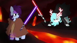 Size: 1920x1080 | Tagged: safe, artist:breeze the peryton, oc, oc:breeze the peryton, oc:theartisttree, deer, earth pony, hybrid, original species, peryton, pony, angry, art, cape, clothes, digital art, fight, glow, jedi, lava, lightsaber, robe, shading, star wars, weapon