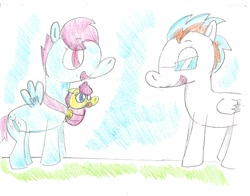 Size: 1854x1454 | Tagged: safe, artist:ptitemouette, oc, oc:apple chips, oc:butterfly, oc:sun ray, pony, baby, baby carrier, baby pony, female, magical lesbian spawn, mother and child, mother and daughter, offspring, parent and child, parent:cloudchaser, parent:fire streak, parent:fluttershy, parent:oc:apple diamond, parent:oc:butterfly, parent:rainbow dash, parents:flutterdash, parents:oc x oc, traditional art